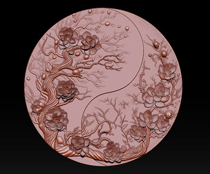 Yin Yang Floral Tree Bas-Relief