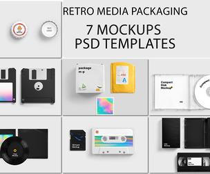 7 Retro Scene Media Packaging Mockup PSD Template Bundle