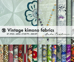 Japanese Mixed Vintage Kimono Fabrics Set Texture Pattern Sheets 300 DPI Printable Instant Download