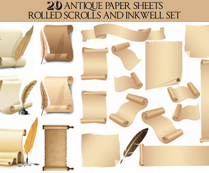 20 Vintage Parchment Scrolls, Quills Clipart, Antique Paper Sheets, Medieval Rolled Scrolls