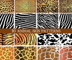 16 Seamless Animal Skin Patterns, Wild Safari Fur Texture, Leopard, Zebra, Tiger, Giraffe
