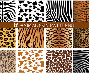 12 Seamless Animal Skin Vector Patterns, Tiger, Zebra, Leopard, Giraffe, Cow Texture