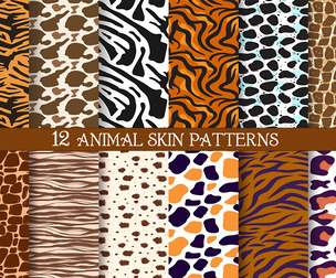 12 Seamless Animal Skin Patterns, Tiger, Giraffe, Zebra, Cheetah, Leopard, Cowhide Textures