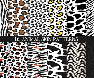 12 Seamless Animal Skin Patterns, Black White Zebra, Leopard, Cheetah, Cowhide, Dalmatian