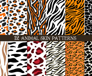 12 Seamless Animal Skin Patterns, Colorful Leopard, Tiger, Giraffe, Zebra, Cowhide, Cheetah Textures