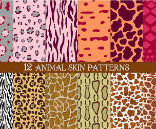 12 Seamless Animal Skin Patterns, Colorful Giraffe, Leopard, Tiger, Zebra, Cowhide, Snake Textures