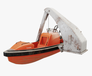 Rescue Boat with Davit Crane Used and Rusted
