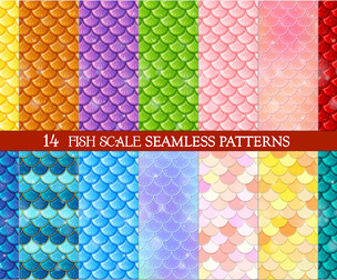 14 Fish Scale Seamless Patterns, Vibrant Aquatic Mermaid Textures