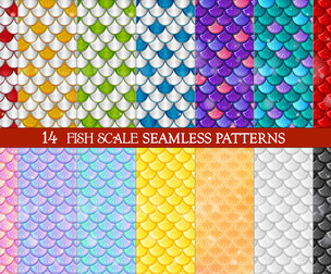 14 Mermaid & Fish Scale Seamless Patterns, Multi-Color Aquatic Vector Textures