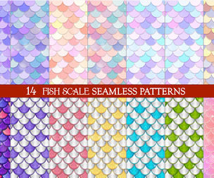 14 Mermaid & Fish Scale Seamless Patterns, Multi-Color Aquatic Vector Textures