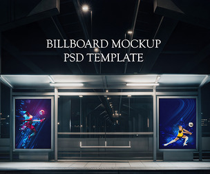 Urban Night Bus Stop Billboard Mockup PSD Template - Realistic Outdoor Ad Scenes