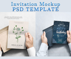 Invitation Mockup PSD Template, Hand-Held Cards Envelope