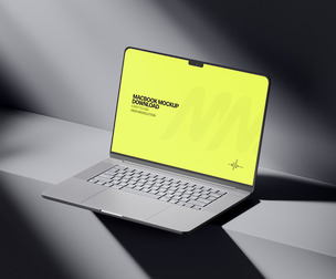 Macbook Pro Mockup PSD Template, Modern Dark Studio Scene