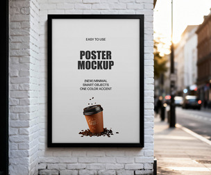 White Brick Wall Poster Mockup PSD Template - Urban Street Storefront