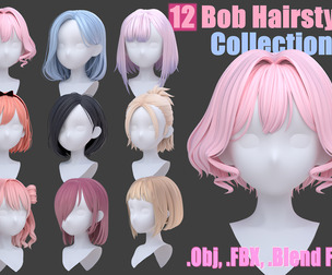 12 modular bob hairstyle pack / collection- curves+Mesh - Anime stylized- blend, obj and fbx files