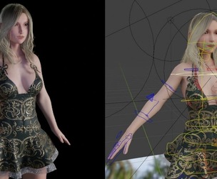 Beauty Girl with Pattern Dress - Rigged Char 3D Model