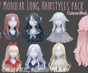 9 modular long hairstyle pack / collection- curves+Mesh - blend, obj and fbx files