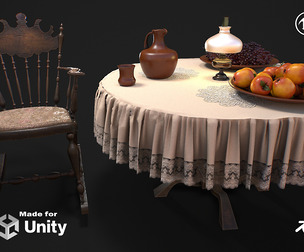 Furniture set with dishes and fruits 3d model