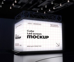 Cube LED Screen Mockup PSD Template - Modern 3D Digital Exhibit Billboard