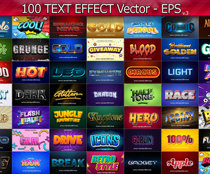 100 Vector Text Effects, Editable EPS Vector Illustrations, 3D Typography Templates, Golden