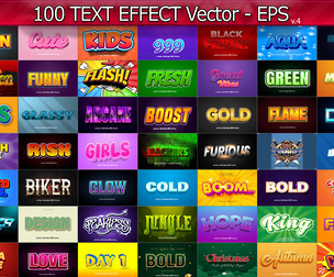 100 Vector Text Effects, Editable EPS Vector Illustrations, 3D Typography Templates, Golden