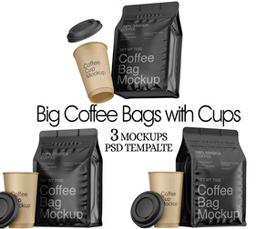 3 Big Coffee Bag with Cup Mockup PSD Template - Professional Cafe Branding Set