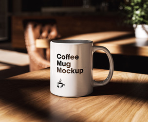 Ceramic Coffee Mug Mockup PSD Template - Cafe Interior Scene