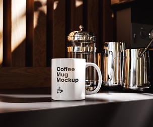 Ceramic Coffee Mug Mockup PSD Template, Cafe & Kitchen Lifestyle Scene