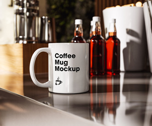 Ceramic Coffee Mug Mockup PSD Template - Professional Cafe Lifestyle Scene