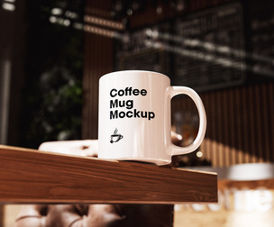 Ceramic Coffee Mug Mockup PSD Template - Realistic Cafe Interior Scene