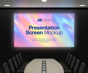 Large Wall Screen Mockup PSD Template - Modern Corporate Conference Room