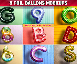 9 Foil Balloon Mockups PSD, Editable 3D Letter Number Balloons, Party Celebration Balloon Alphabet