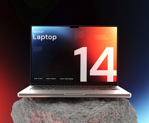 14-Inch Laptop Mockup PSD - Futuristic Presentation on Stone Pedestal