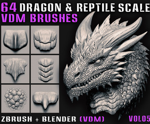 64 Dragon & Reptile Scale VDM Brushes (Zbrush+Blender) - Vol05