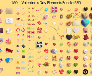 150+ Valentine’s Day Elements Bundle PSD – Hearts, Gifts, Love Cards, Ribbons, Sweet Decorations