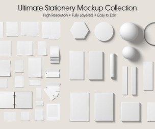 Minimal Stationery, Packaging Mockup Bundle PSD, Paper Sheets, Business Cards, Booklets, Geometric