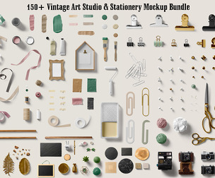 150+ Vintage Art Studio, Stationery Mockup Bundle PSD, Retro Branding, Office Supplies