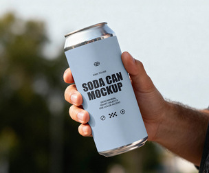 Soda Can in Hand Mockup PSD Template - Realistic Outdoor Beverage Lifestyle Scene