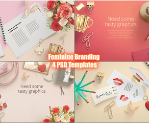 Feminine Branding Mockup, 4 PSD Templates, Chic Purple, Florals, Beauty, Office