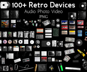 100+ Retro Devices, Tech Mockup PSD, Vintage Audio, Video, Photo PNG Overlays, Cassette Tapes, Disks