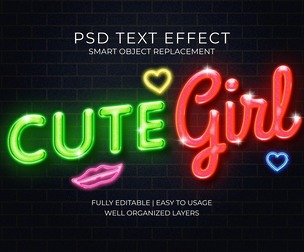 Cute GIRL NEON PSD Fully Editable Text Effect. Layer Style PSD Mockup Template