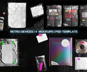 Retro Devices Media 4 Mockup PSD Template, Lo-Fi Industrial CD, Cassette, Iridescent Scenes