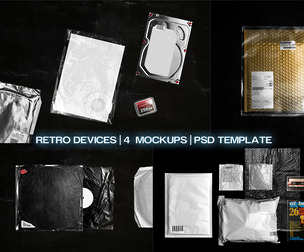 Retro Devices Media 4 Mockup PSD Template, Lo-Fi Vinyl, Hard Drive, Padded Mailer Branding Scenes