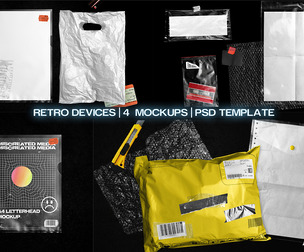 Retro Devices, Plastic Shipping 4 Mockup PSD Template, Lo-Fi Y2K Industrial Mailer, Tech Branding
