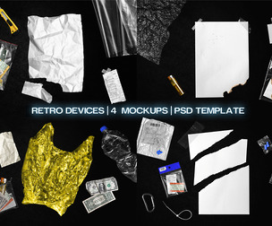 Retro Devices, Plastic Shipping 4 Mockup PSD Template, 4 Lo-Fi Y2K Industrial Mailer, Tech Branding