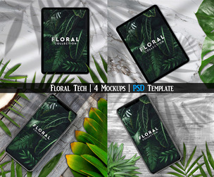 Floral Tech Mockup 4 PSD Templates, Tropical Device Scenes, Realistic Shadow Overlays, Phone, Tablet