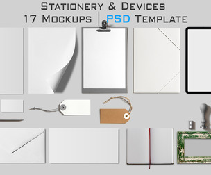 17 Stationery Devices, 4 Mockups PSD Template, A4 Paper, Envelopes, Business Cards, Branding Scene
