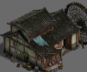 inary town - medium - sized houses - waterwheels