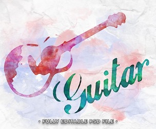 Watercolor Guitar PSD Fully Editable Text Effect. Layer Style PSD Mockup Template