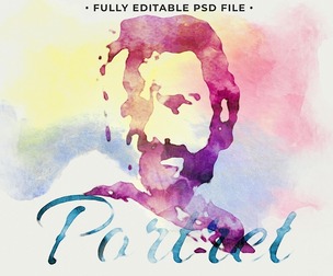 Watercolor Portret PSD Fully Editable Text Effect. Layer Style PSD Mockup Template